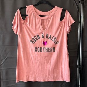 NWT Alya Francesca’s Cold Shoulder Rose Born & Raised Southern Tee, L